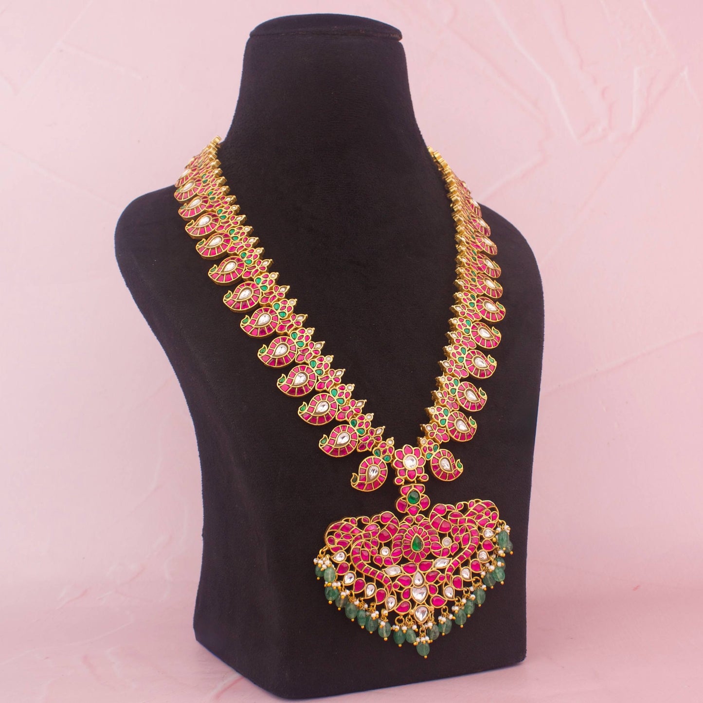 Bridal Mango Necklace With Peacock Pendant And Emerald Green Beads