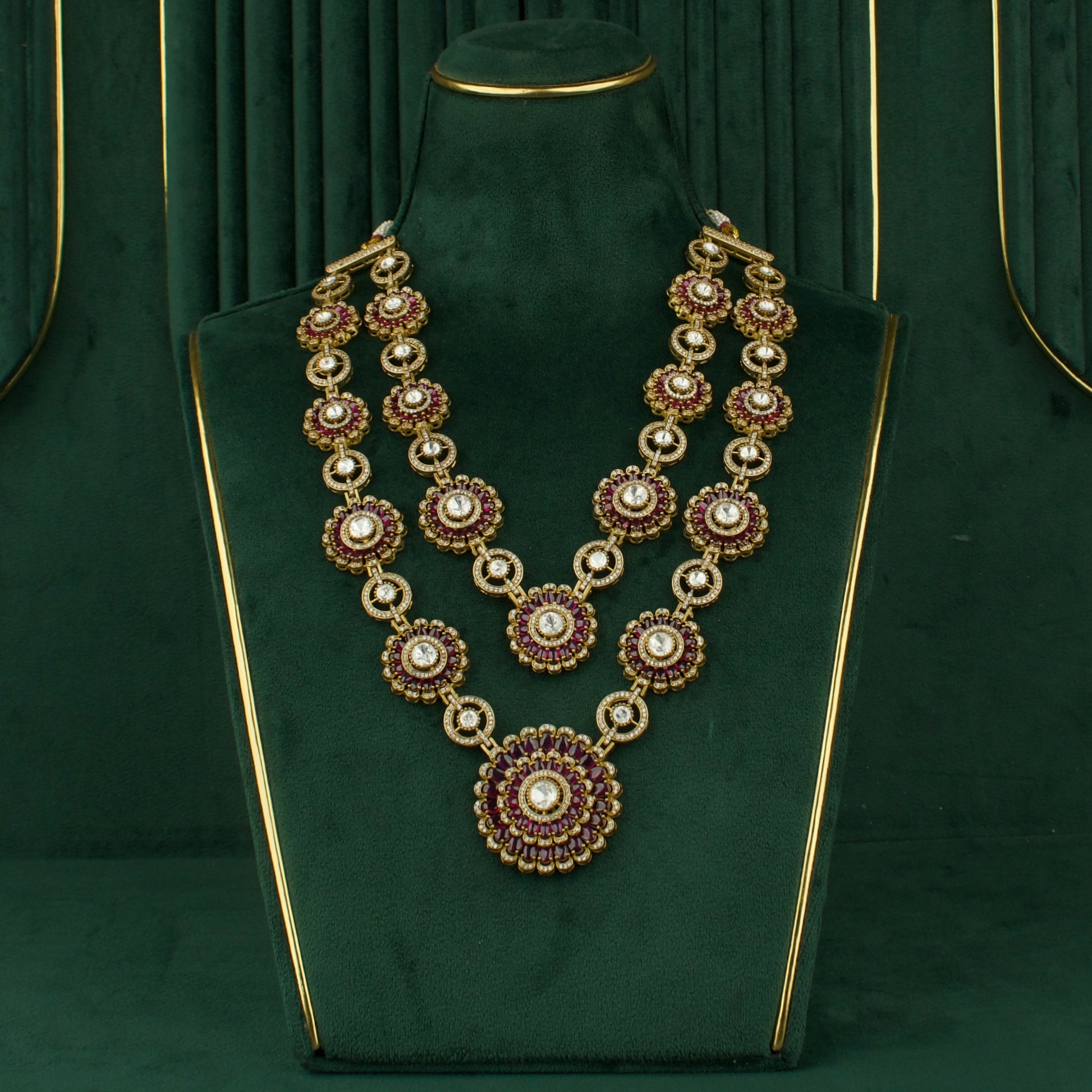 Grand floral Design Polki Victorian Layer Haram With Matching Hanging Earrings