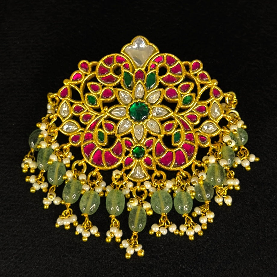 Exquisite Floral Ruby and Emerald Jadau Kundan Pendant