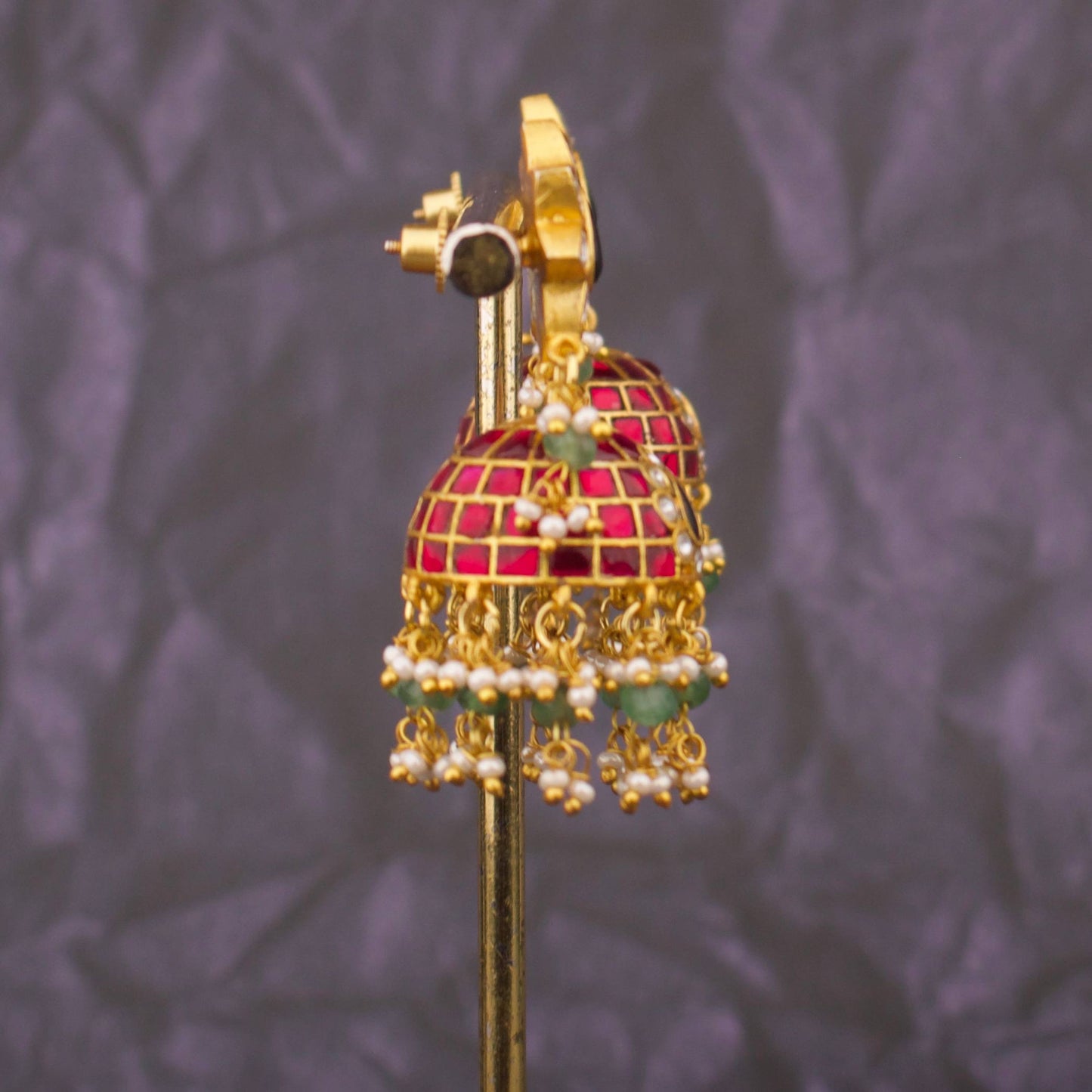 Designer Floral Stud Jadau Kundan Jhumka Earrings With Work And Pearl Drops