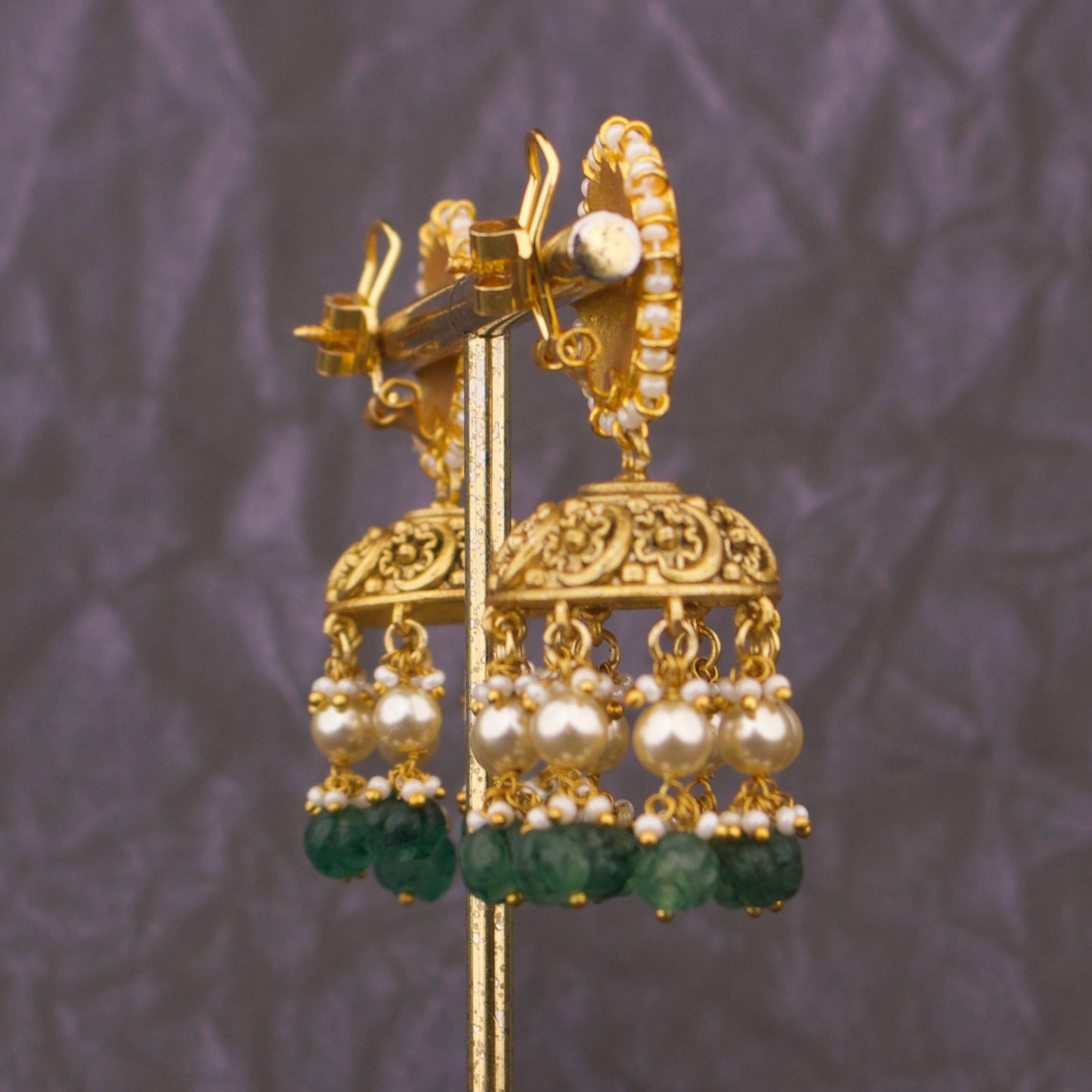 Temple Style Jadau Kundan Jhumki With Emerald Beads