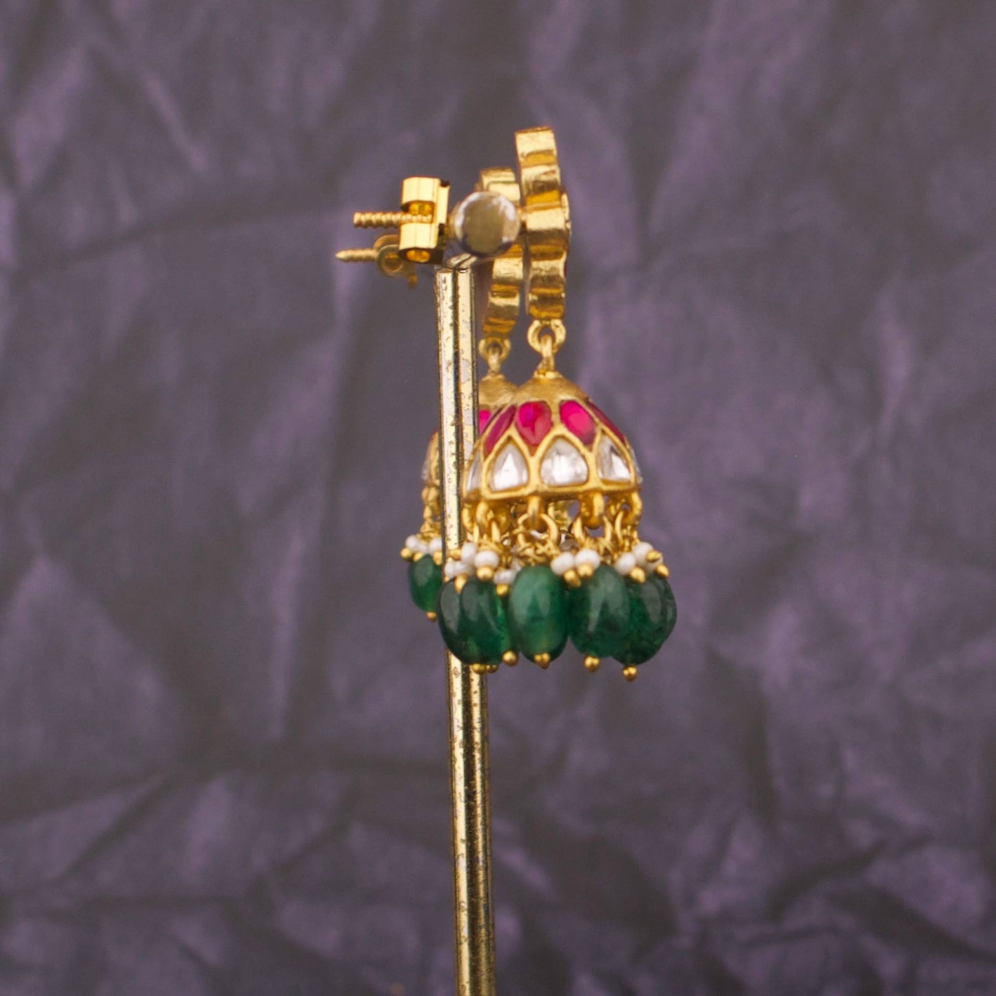 Ethnic Floral Jadau Kundan Jhumki Earrings With Green Hangings