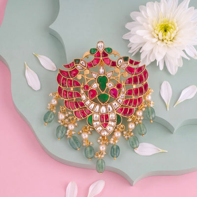 Radiant Multicolour Jadau Kundan Locket With Green Drops - Handcrafted Indian Bridal Jewelry by Dulhan Jewels