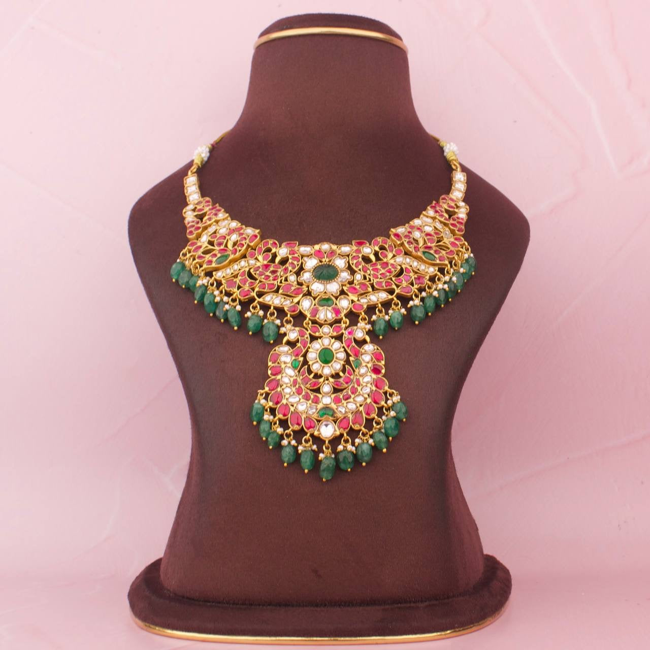 Traditional Jadau Kundan Exclusive Necklace With Strawberry Beads As Hangings