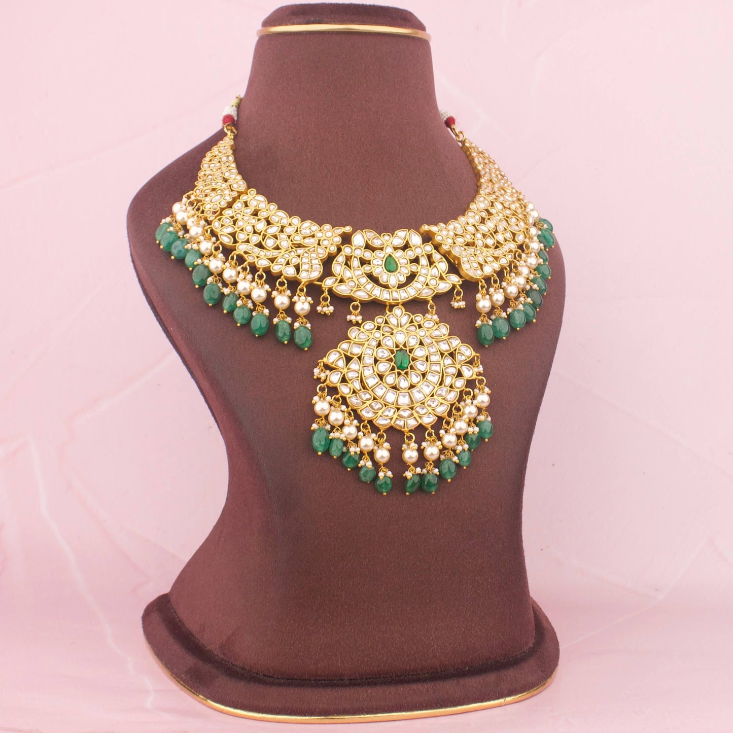 Refined Jadau Kundan Necklace With Emerald Hangings