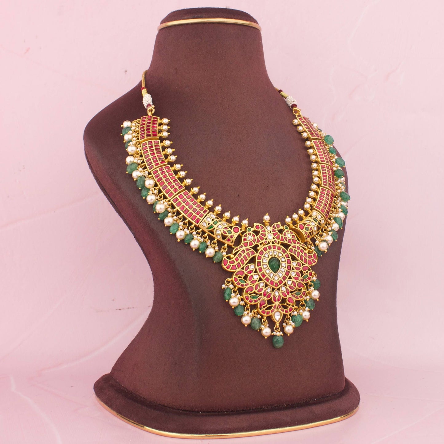 Luxury Jadau Kundan Necklace With Emerald Drop Pendant
