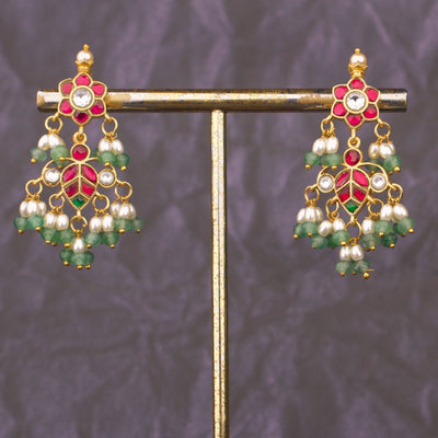 Elegant Floral Jadau Kundan Earrings With Emerald Bead Tassels