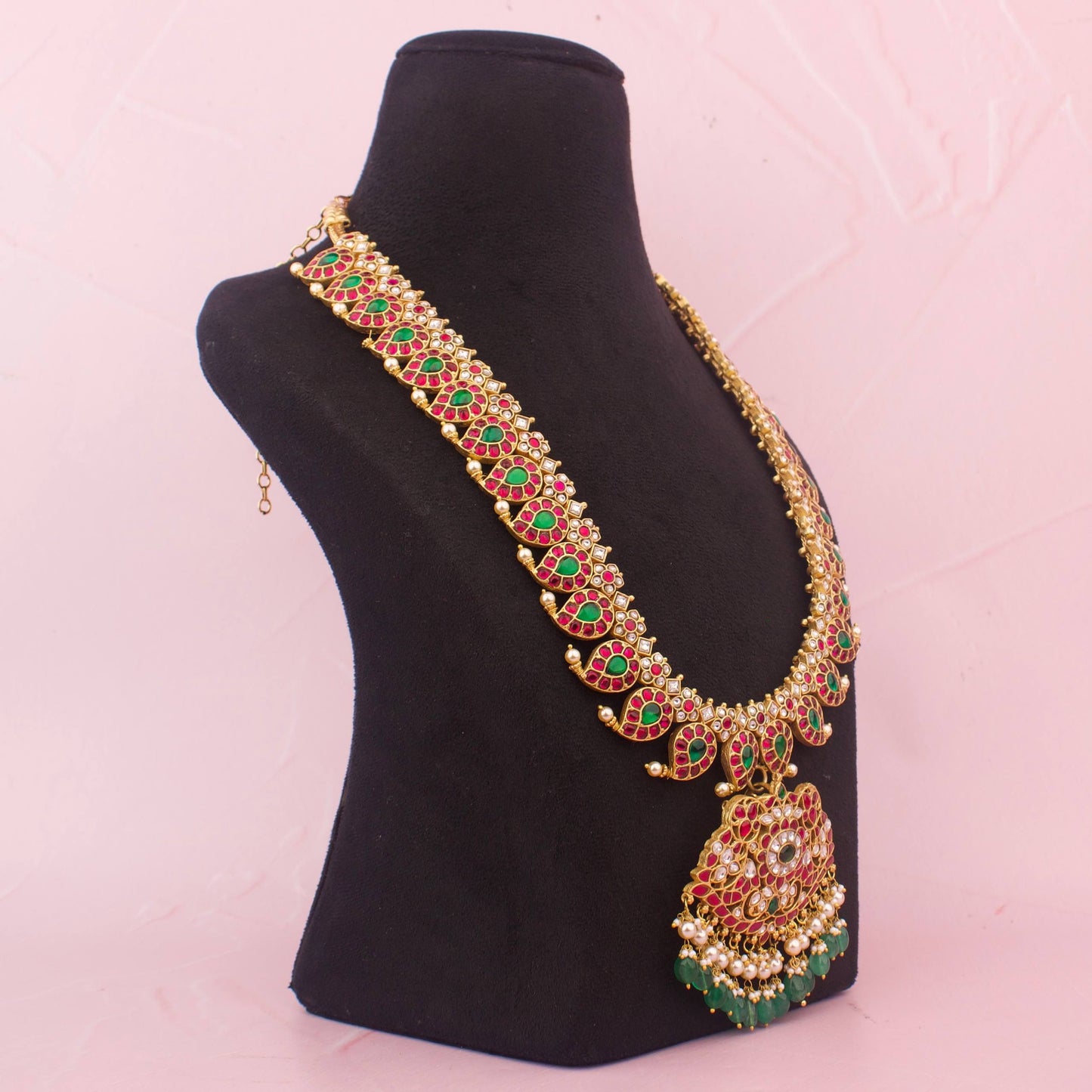 Royal Mango Shape Jadau Kundan Long Necklace With Floral Pendant