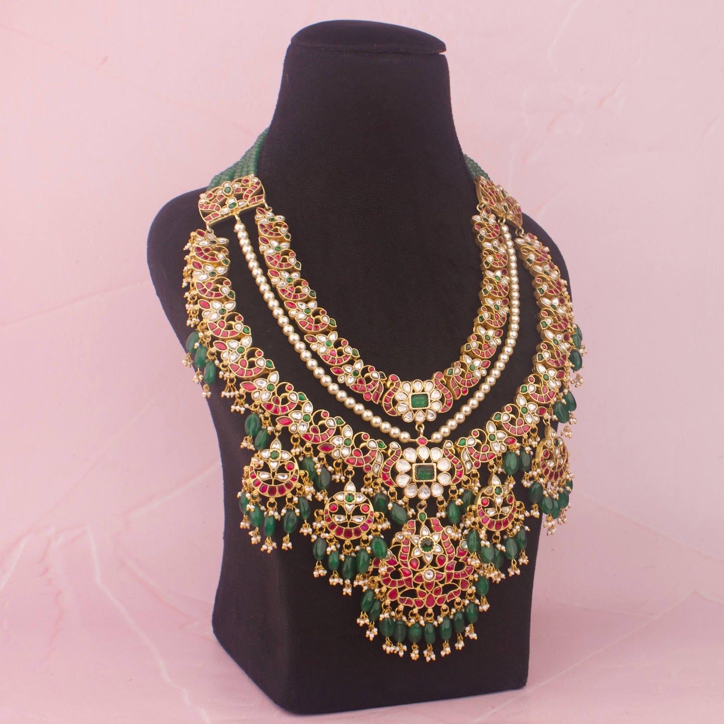 Grand Bridal Jadau Kundan Long Necklace With Emerald Beads