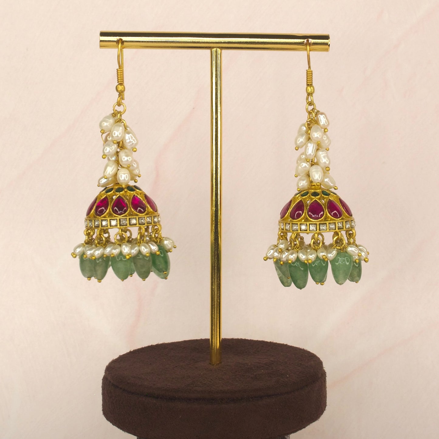 Alluring Hook Jadau Kundan Jhumkas with rice pearls and Beads - DULHAN JEWELS