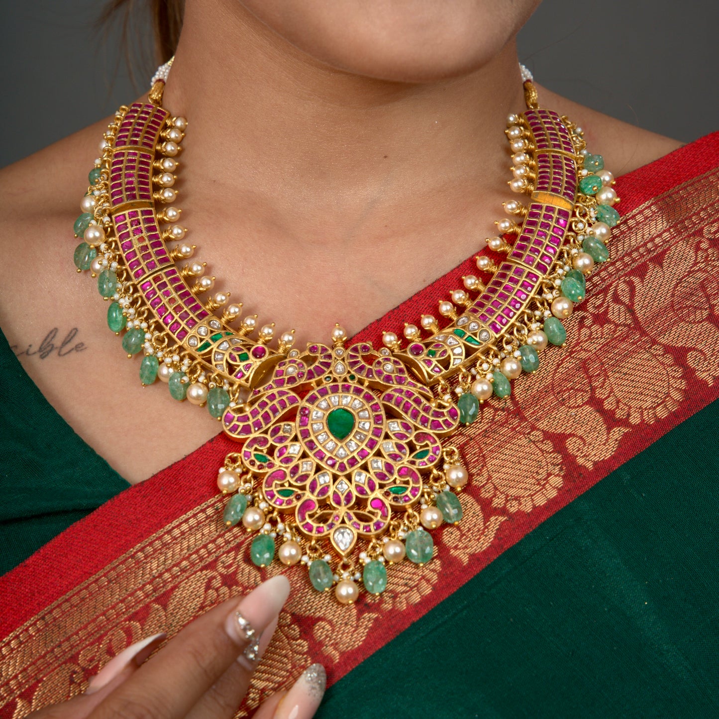 Majestic Ruby Jadau Kundan Kanti Style Necklace - DULHAN JEWELS