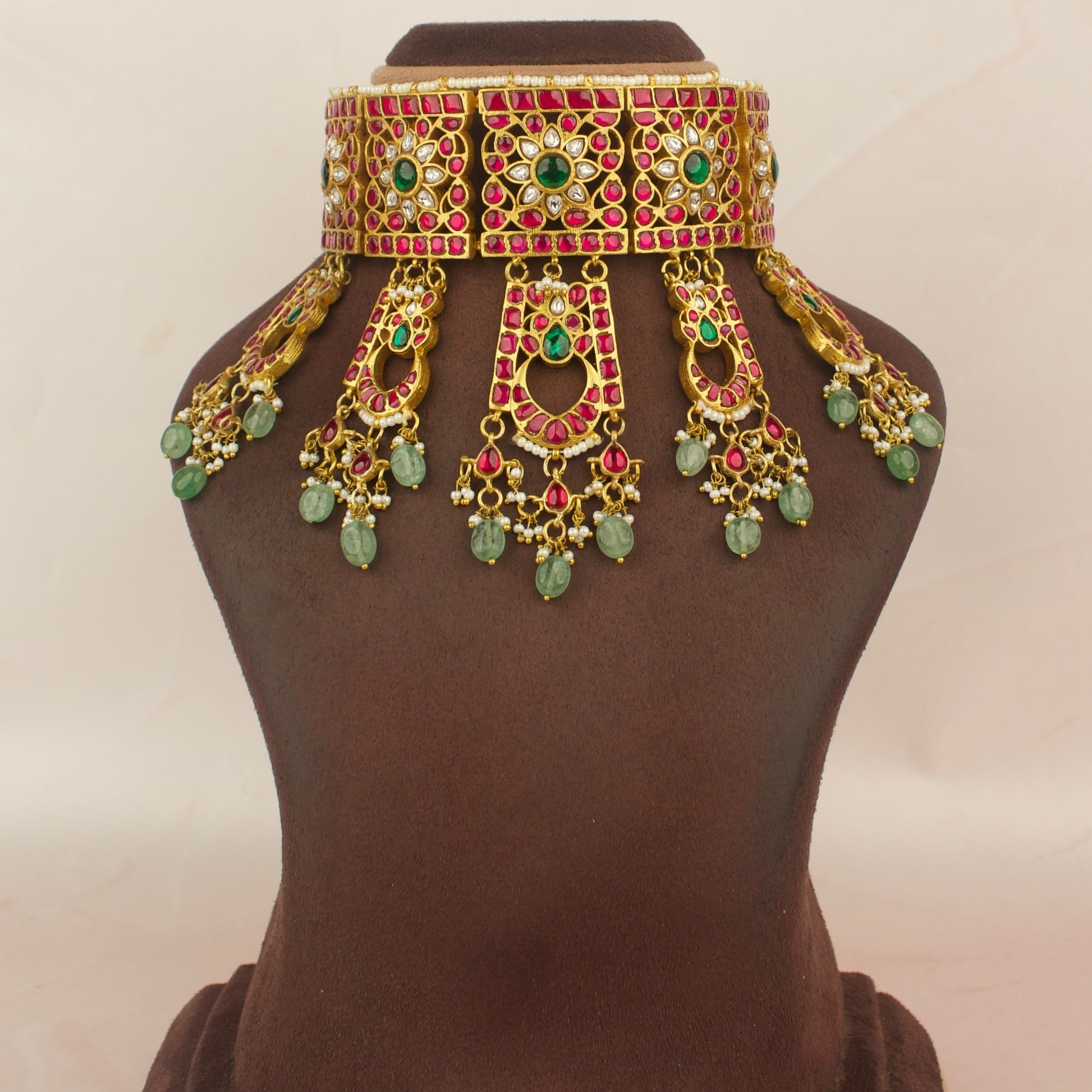 Floral Chandi Bali Design Jadau Kundan Choker with Green Beads