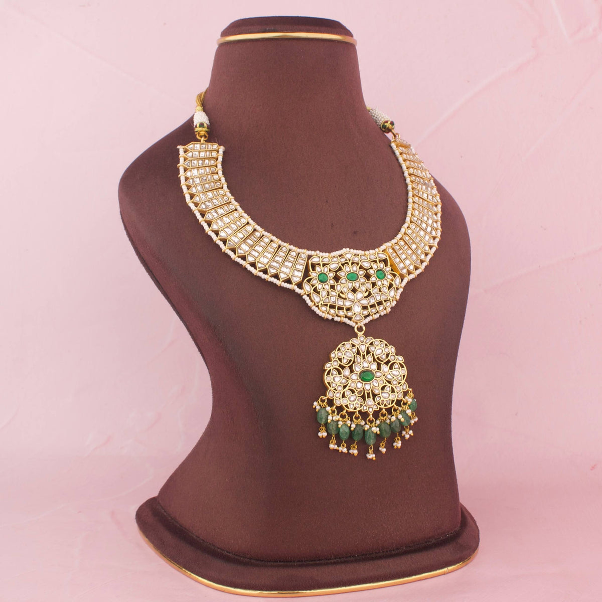 Bridal Jadau Kundan Reversible Necklace With Strawberry Beads Styling Angle View 4 - Dulhan Jewels