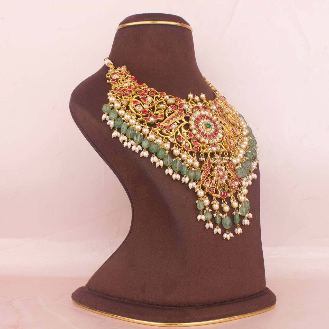 Traditional Bridal Jadau Kundan Necklace With Pearls & Beads Hangings