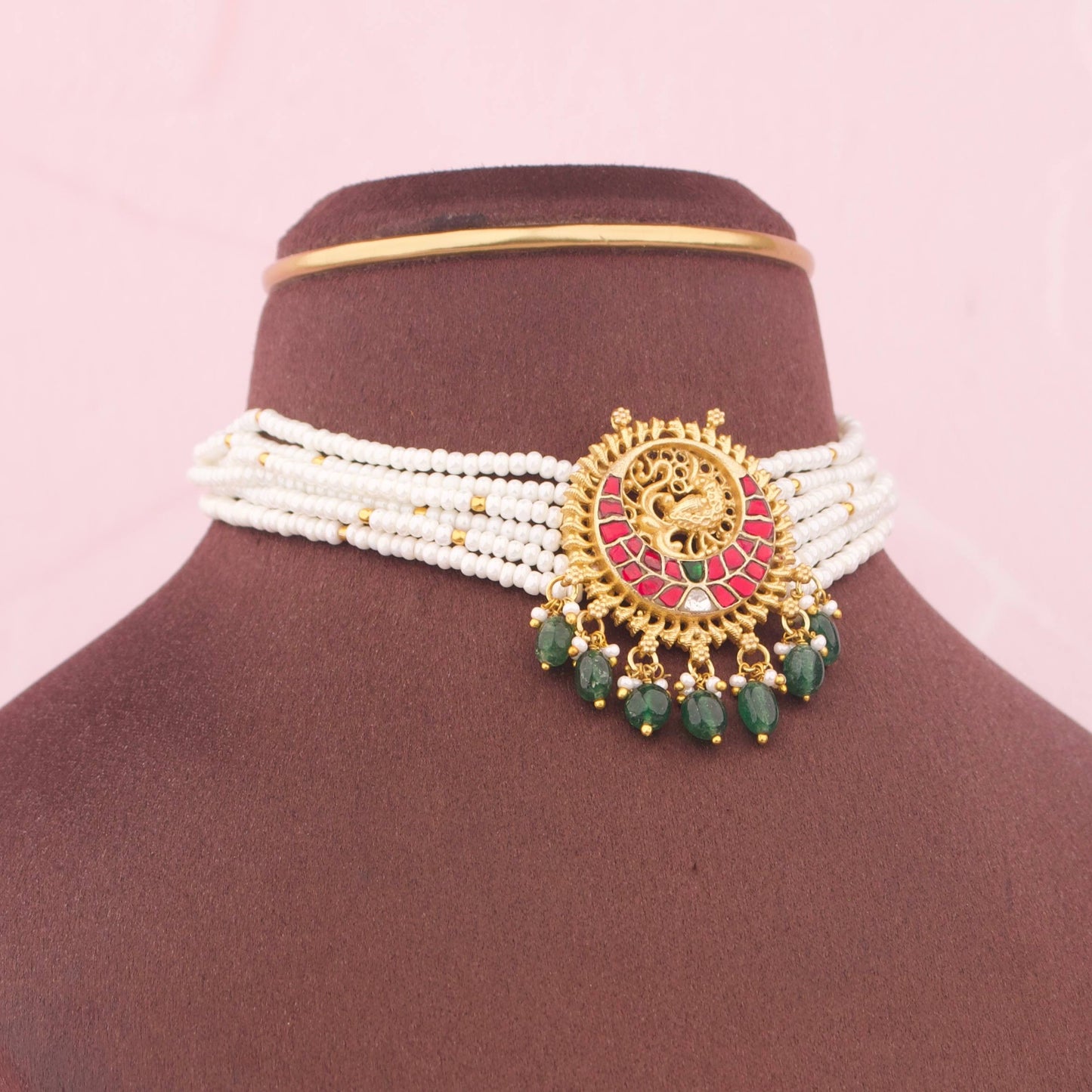 Classic Pearl Choker with Temple Peacock Pendant