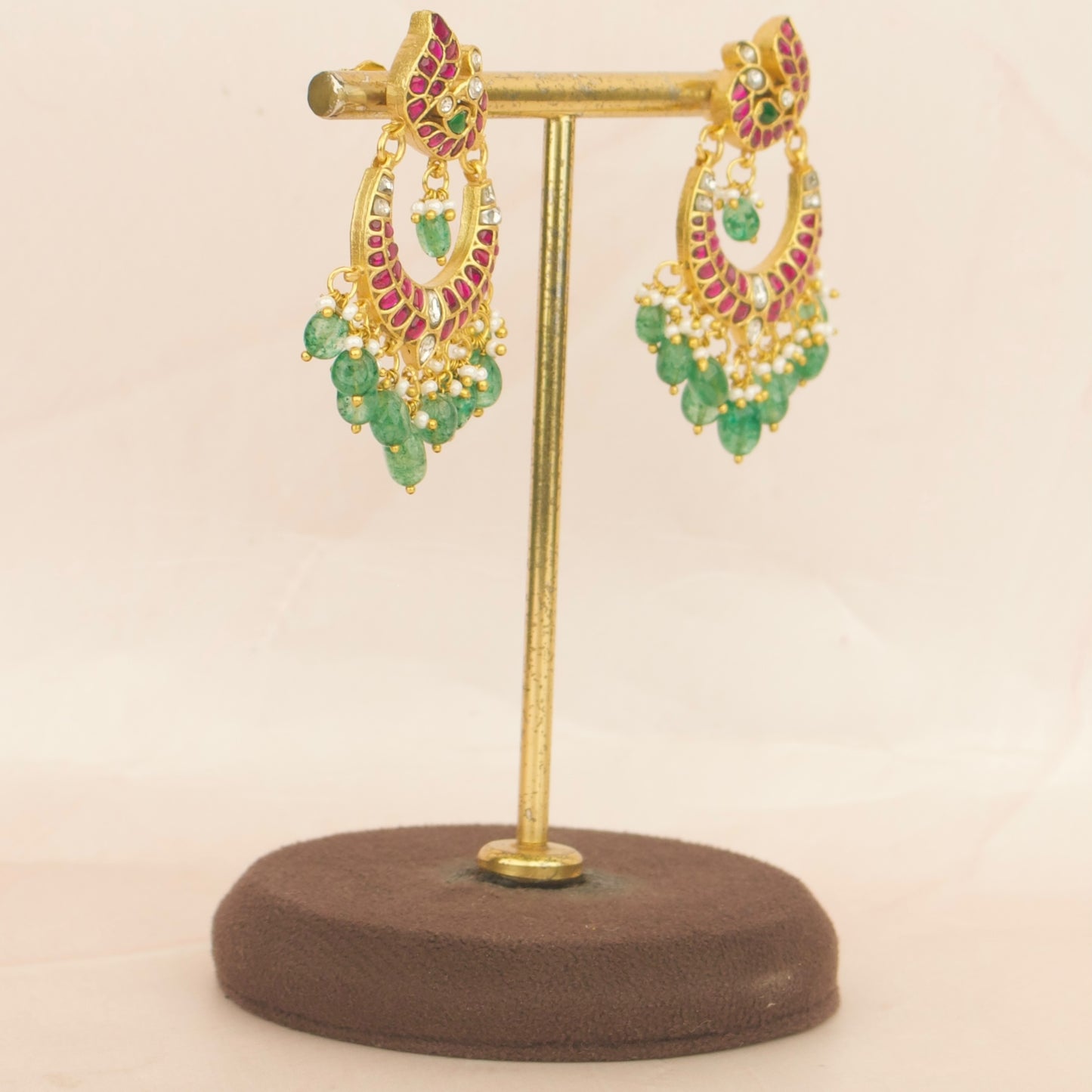 Peacock Studded Jadau Kundan Chandbali Earrings WIth Green Beads As Hangings