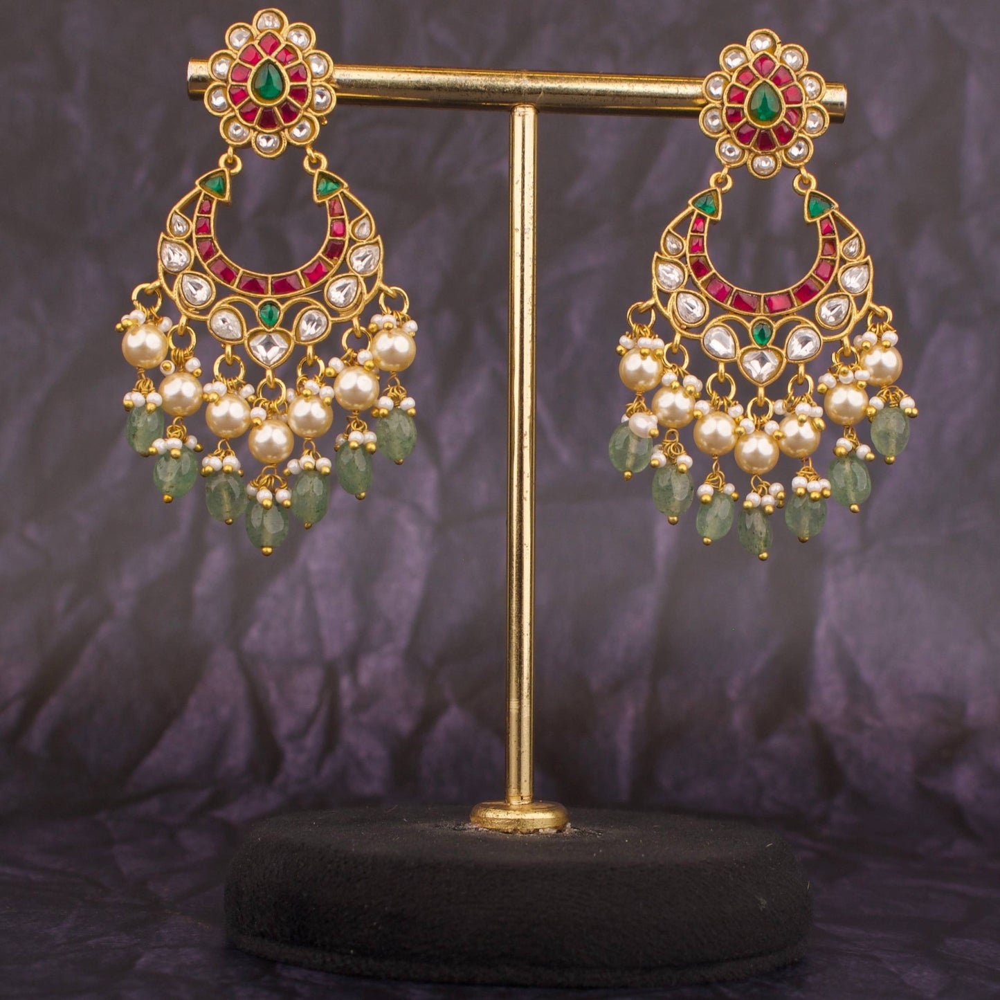 Majestic Jadau Kundan Chand Bali Design With Swarovski Pearls Hanging