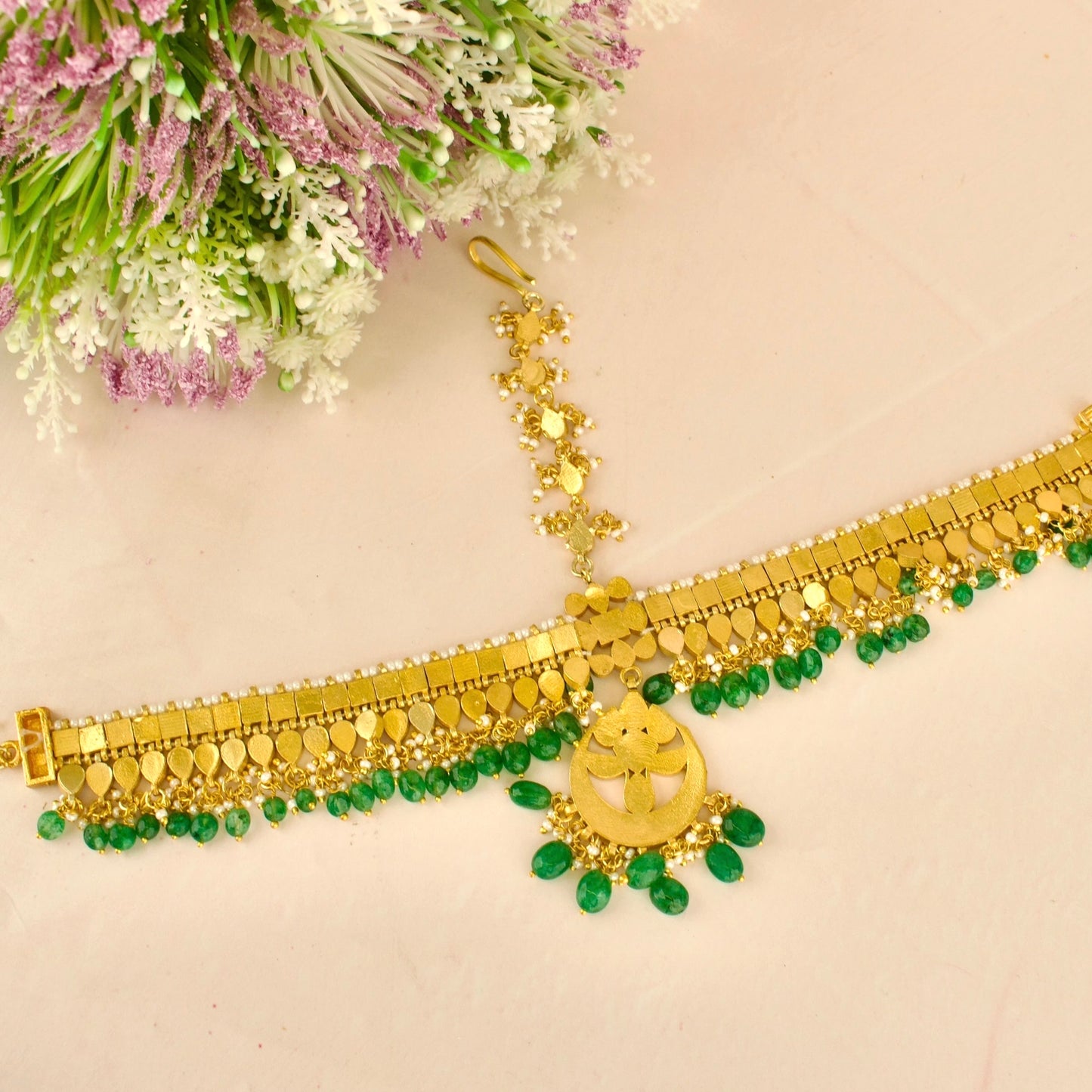 Bridal Chandbali Design Jadau Kundan Mate pati with Green Beads