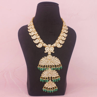 Premium Jadau Kundan Long Mango Haram Emerald Green Bead Drops