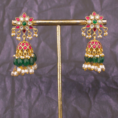 Floral Studded Jadau Kundan Jhumki With Pearl Hangings