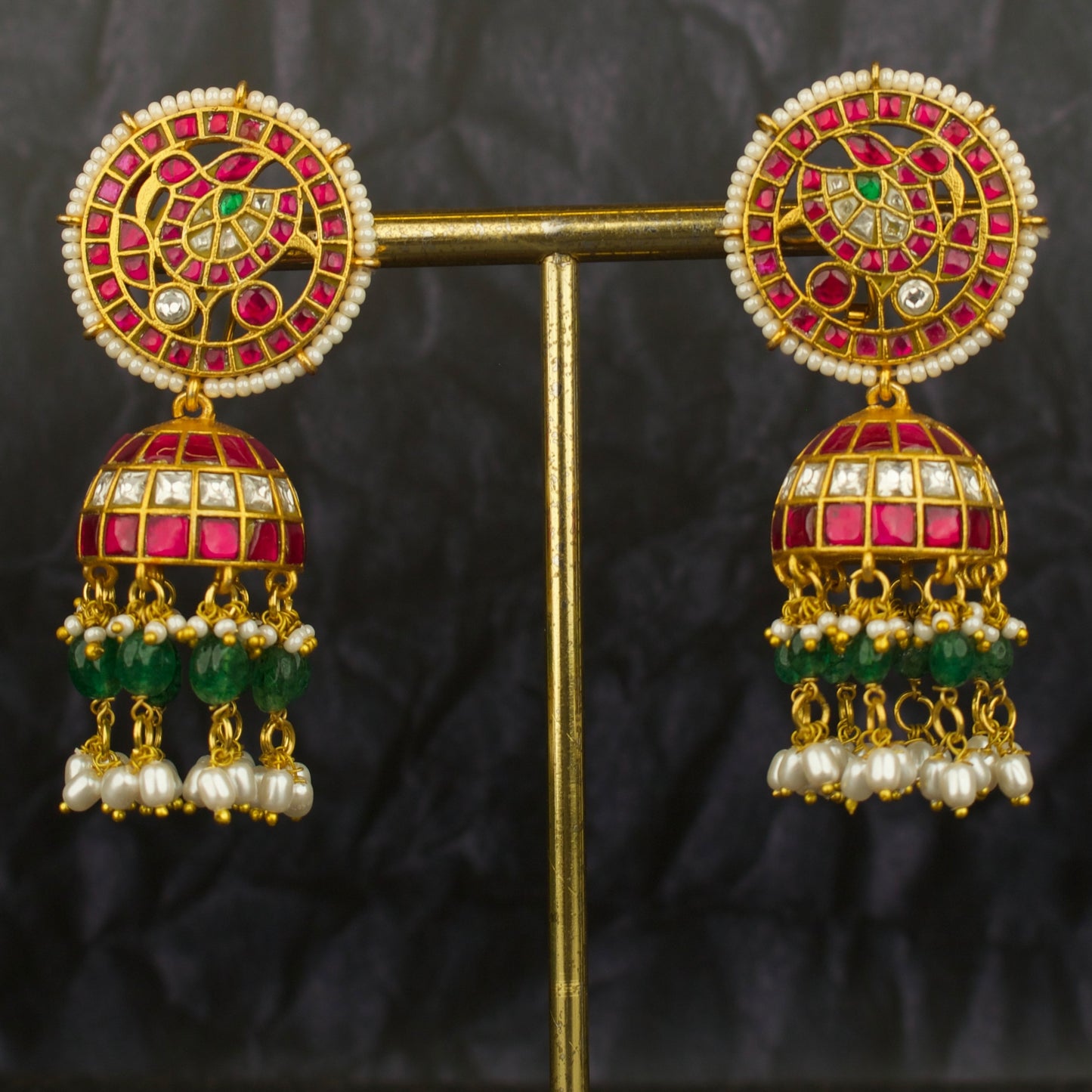 Bridal Peacock Studded Jadau Kundan Jhumki with Beads Hanging