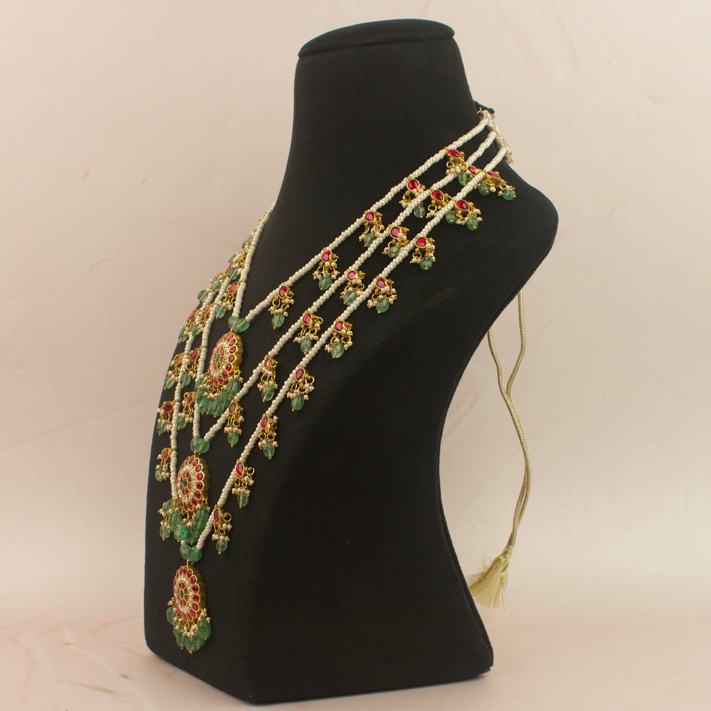 Bridal Jadau Kundan 3 Lada With Pearl And Bead Hangings