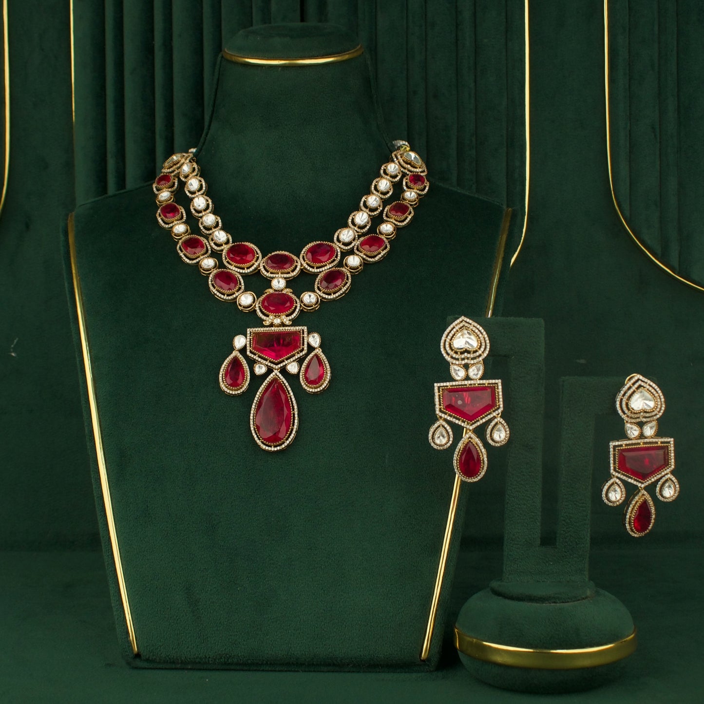 Dazzling Polki Mehandi Victorian double Layer Necklace with Matching Earrings