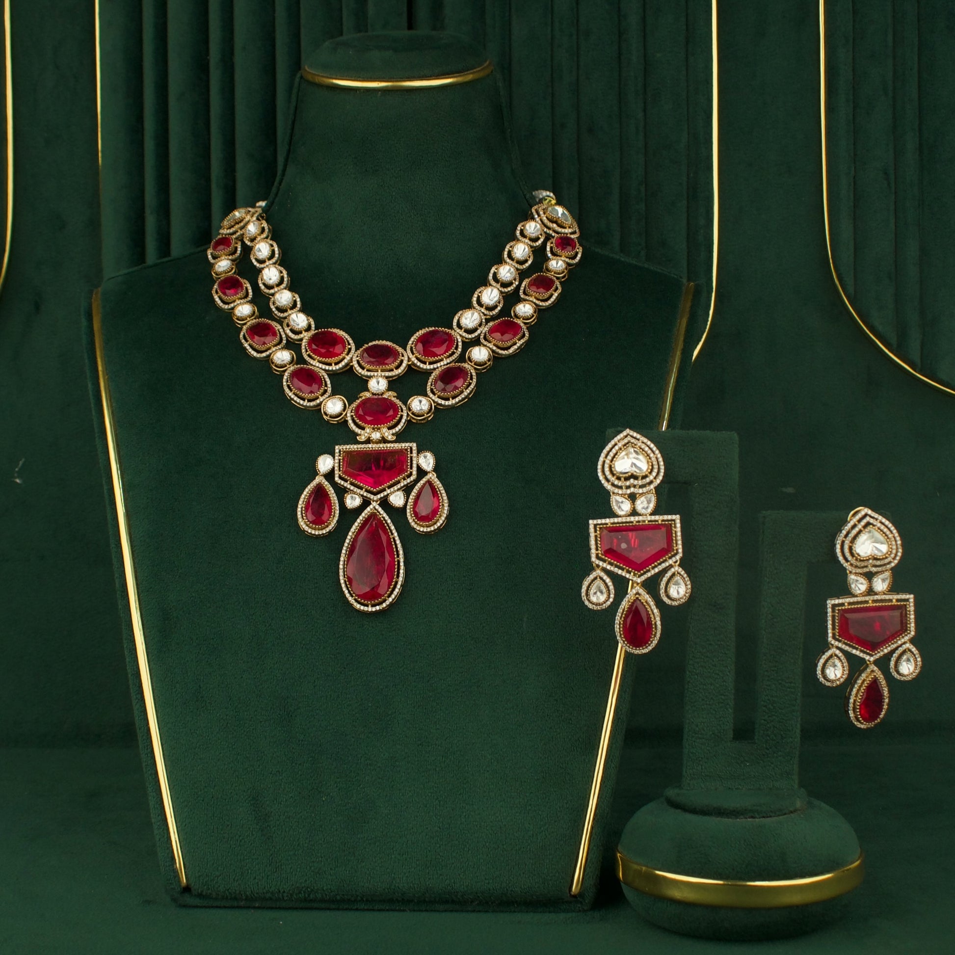 Dazzling Polki Mehandi Victorian double Layer Necklace with Matching Earrings