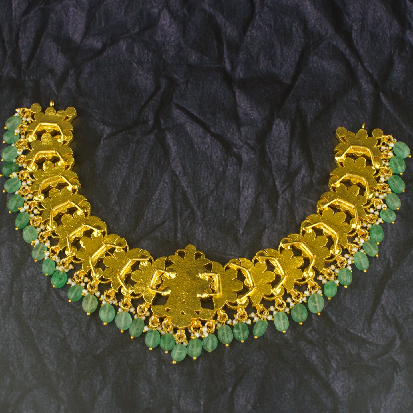 Royal Moissanite Polki Short Necklace with Green Beads Hanging