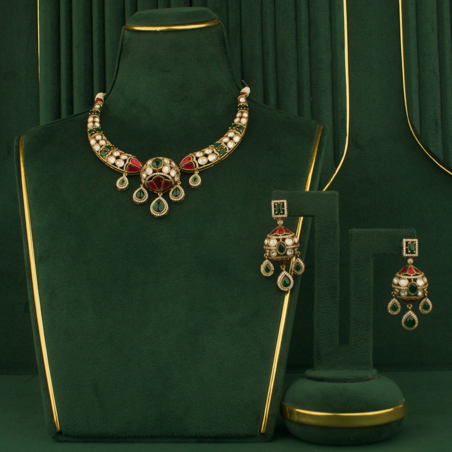 Designer Fusion Kundan & Polki Victorian Necklace with Matching Earrings