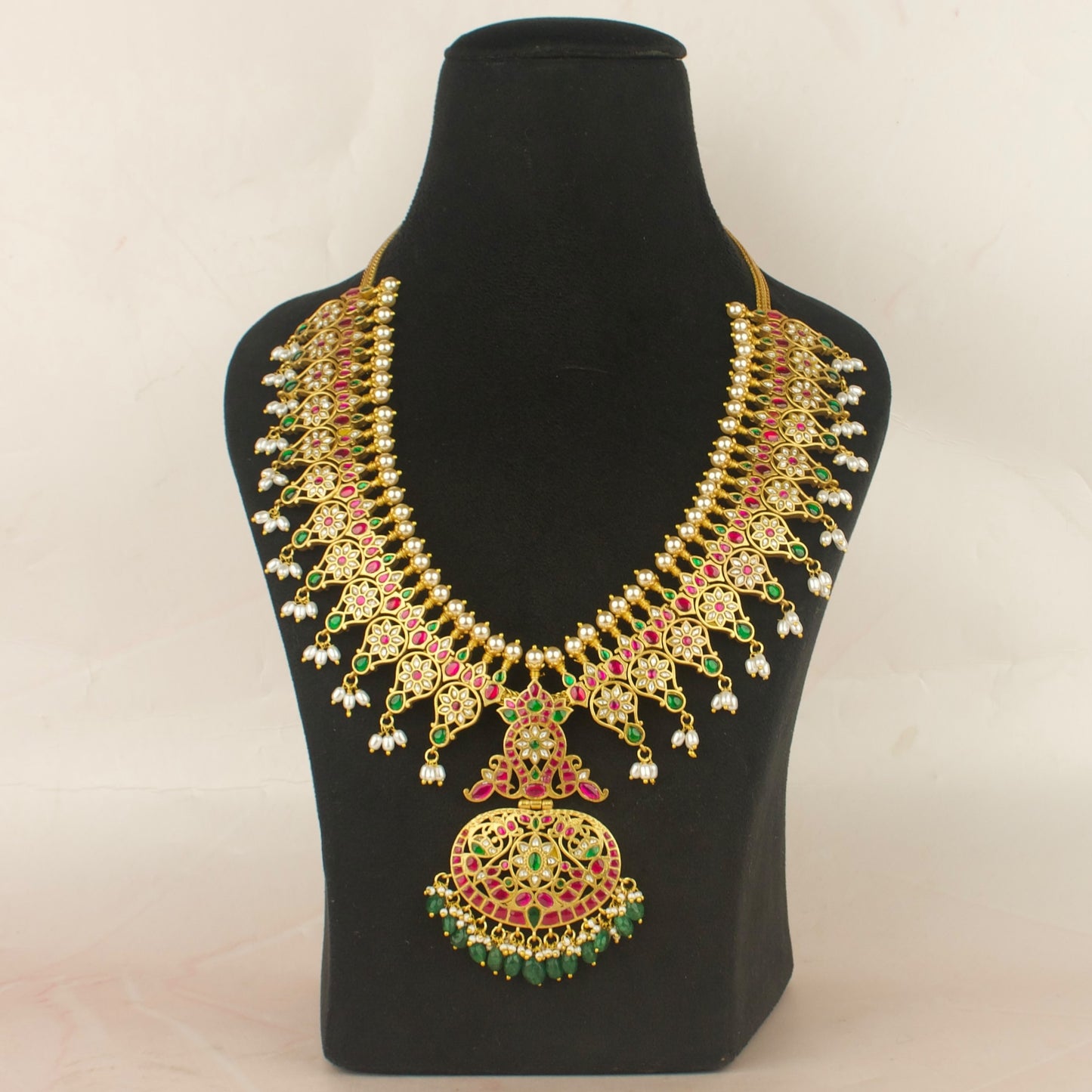 Impressive Floral Design Jadau Kundan Long Necklace with Beads