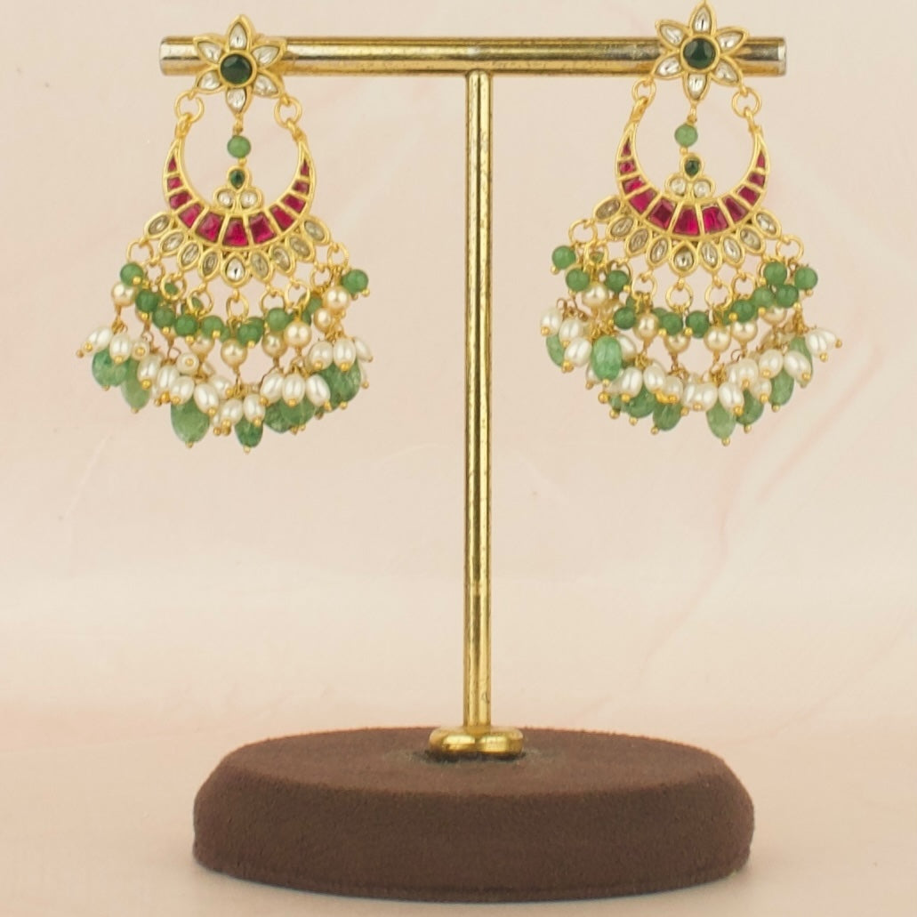 Floral Design Studded Design Jadau Kundan Chandbali with Beads Hanging