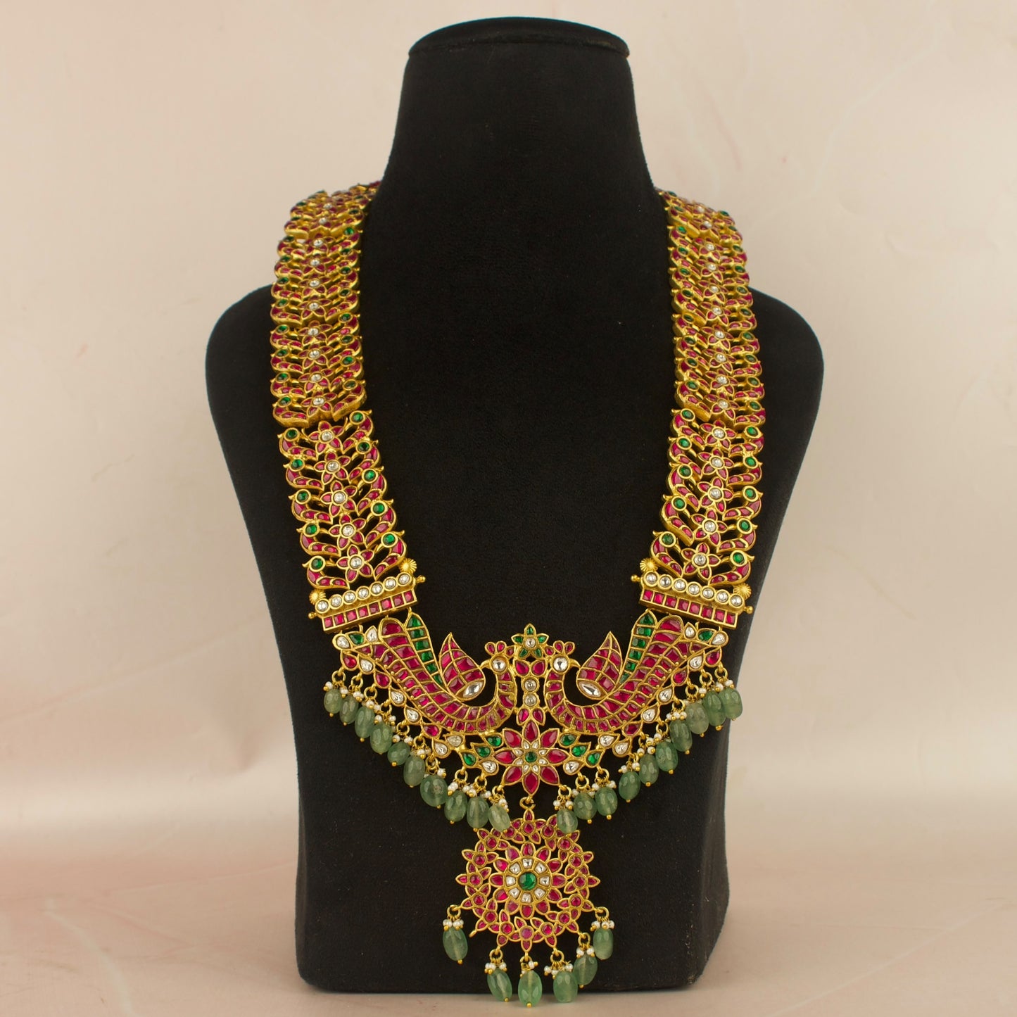 Lavish Floral Peacock Design Jadau Kundan Long Haram with Green Beads
