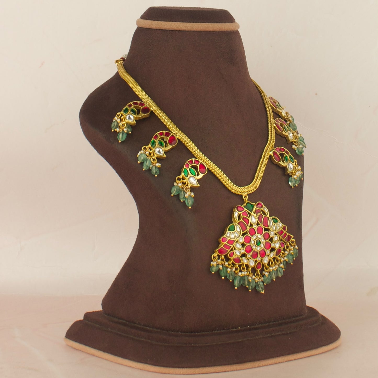 Floral Peacock Design Jadau Kundan Necklace with Green Beads