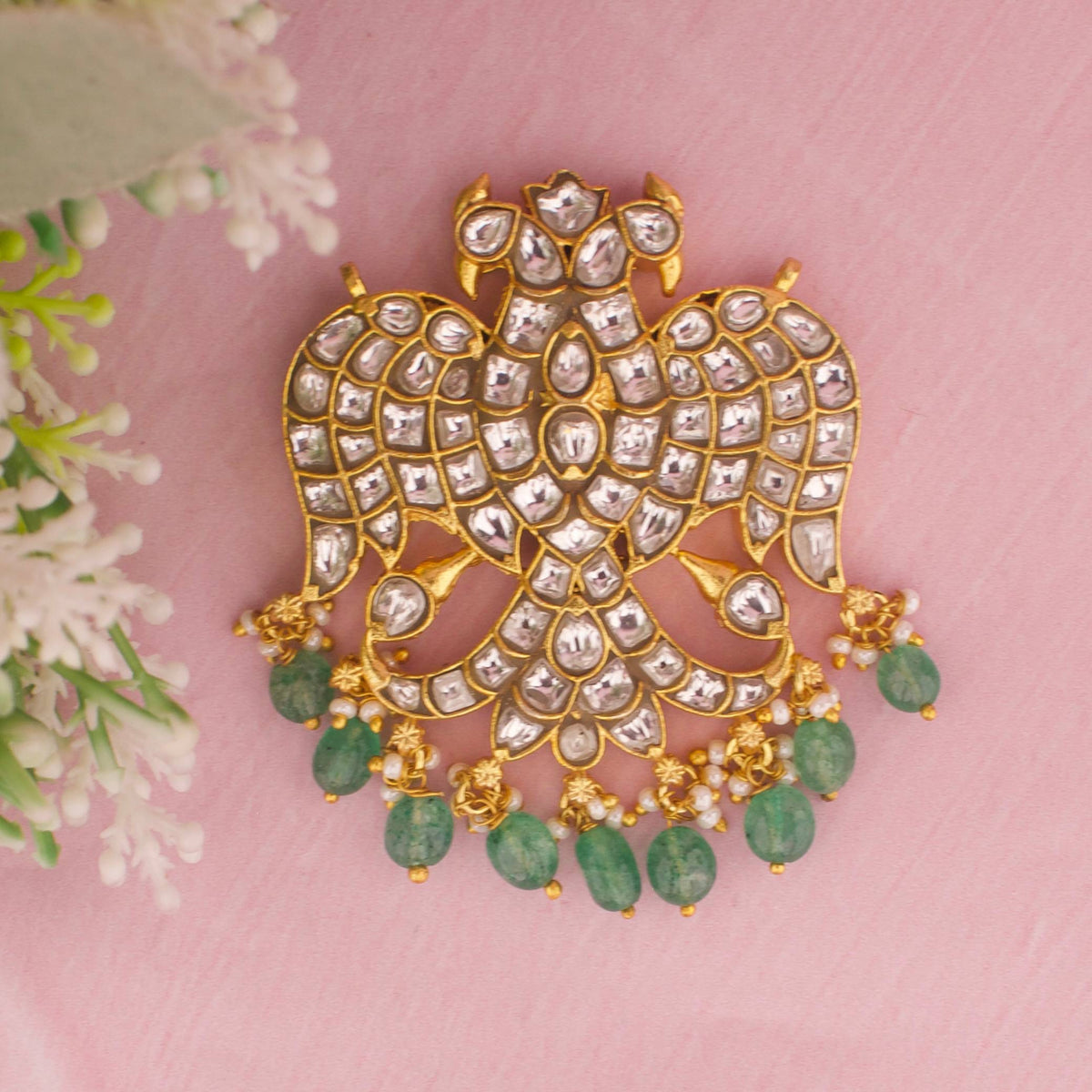 Reversible Gandaberunda Jadau Kundan Pendant Close-up Design & Gemstone Detailing - Dulhan Jewels