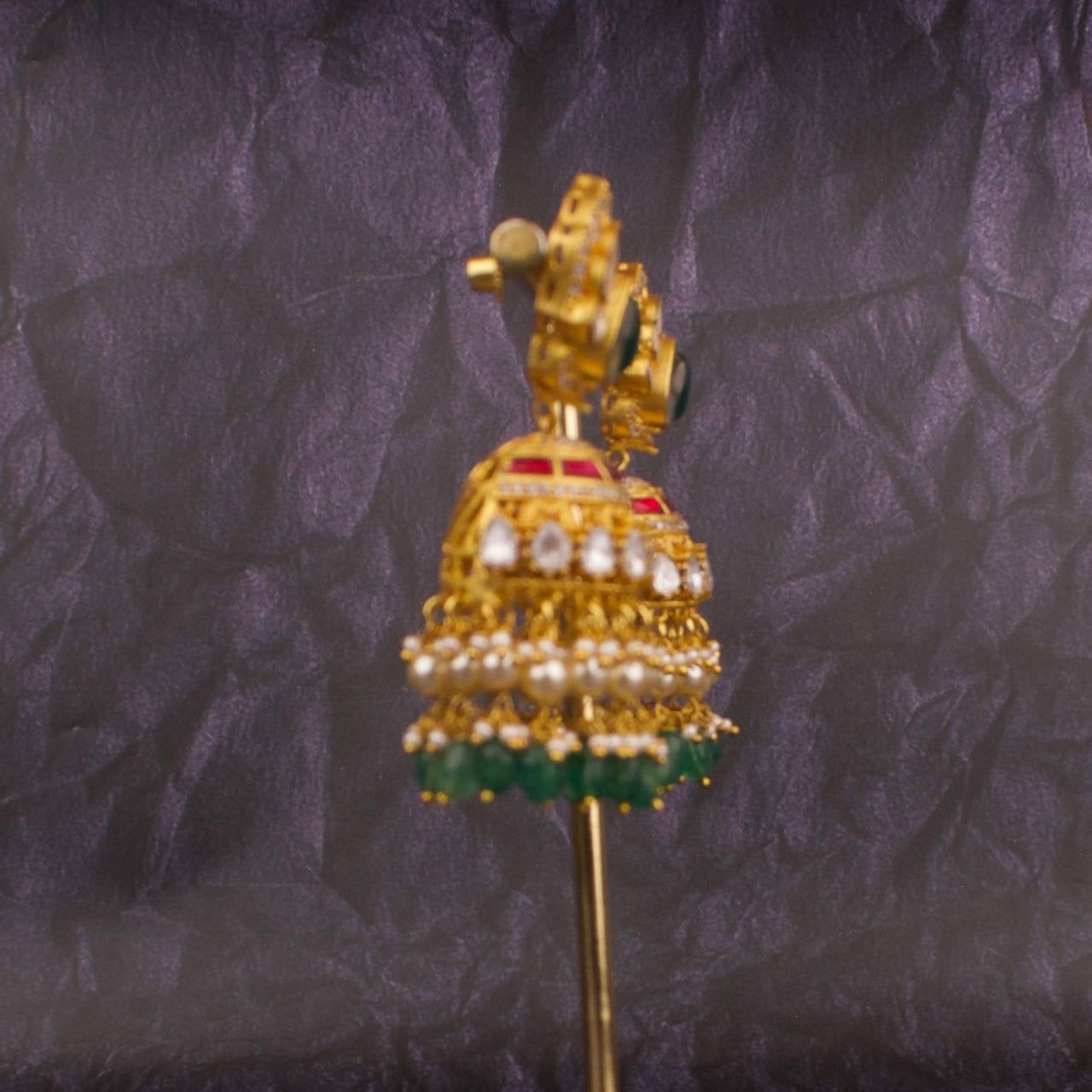 Polki Studded Jadau Kundan Fusion Jhumki With Green Beads Hangings