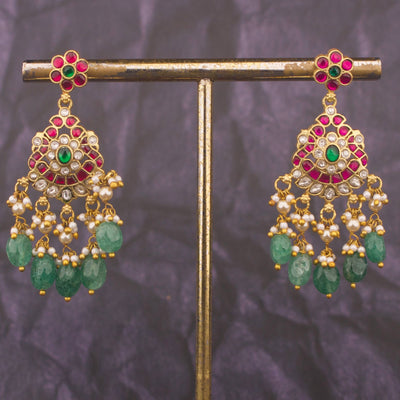 Elegant Jadau Kundan Chandbali Earrings With Emerald Beads