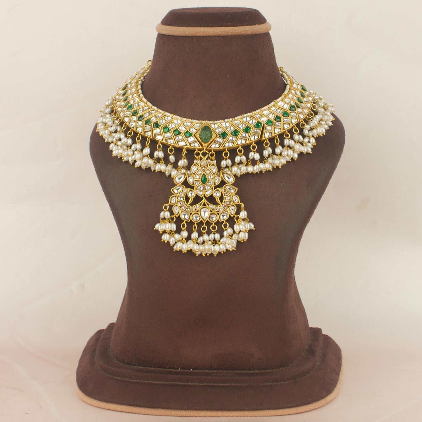 Grand Gold Style Jadau Kundan Necklace with White Beads