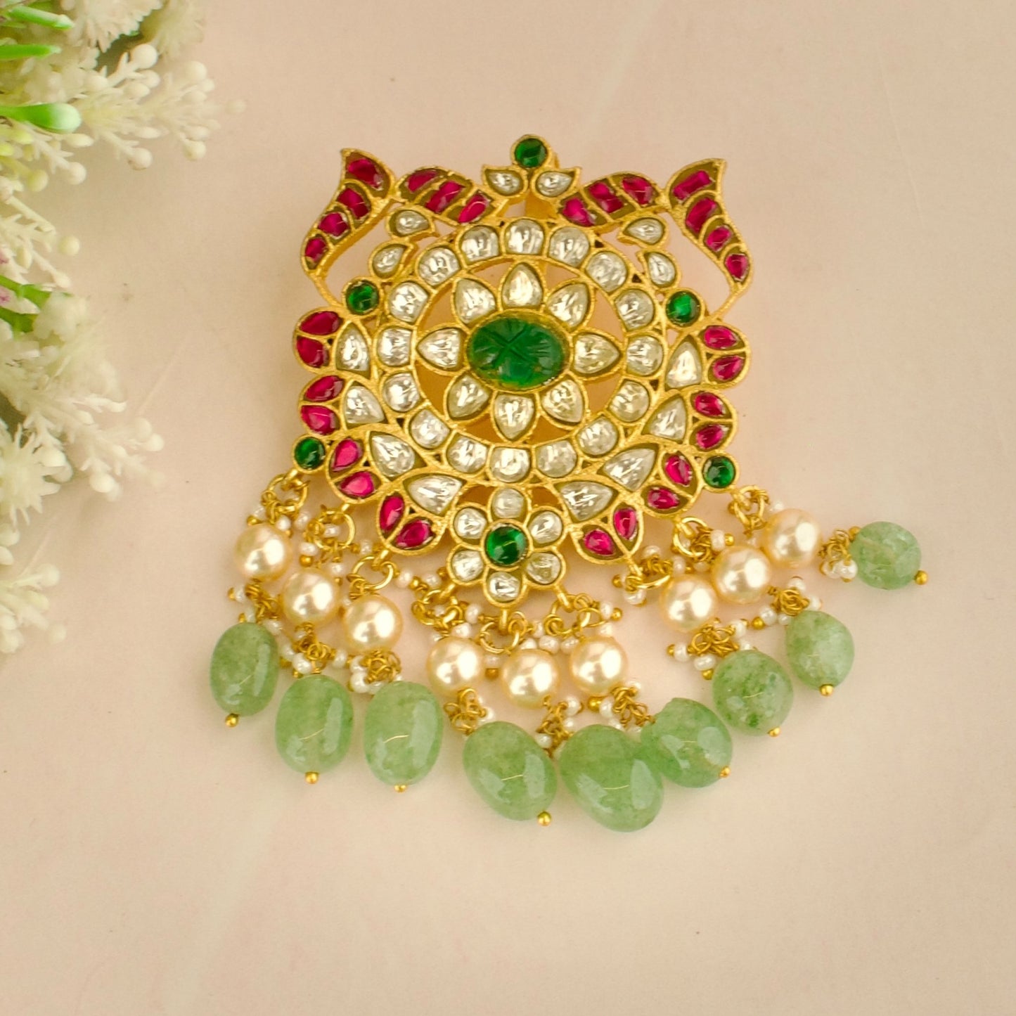 Glorious Floral Design Jadau Kundan Locket with Swarovski Pearls