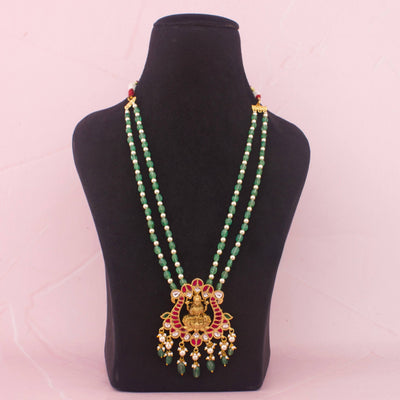Laxmi Devi Jadau Kundan Beads Mala With Green Drops