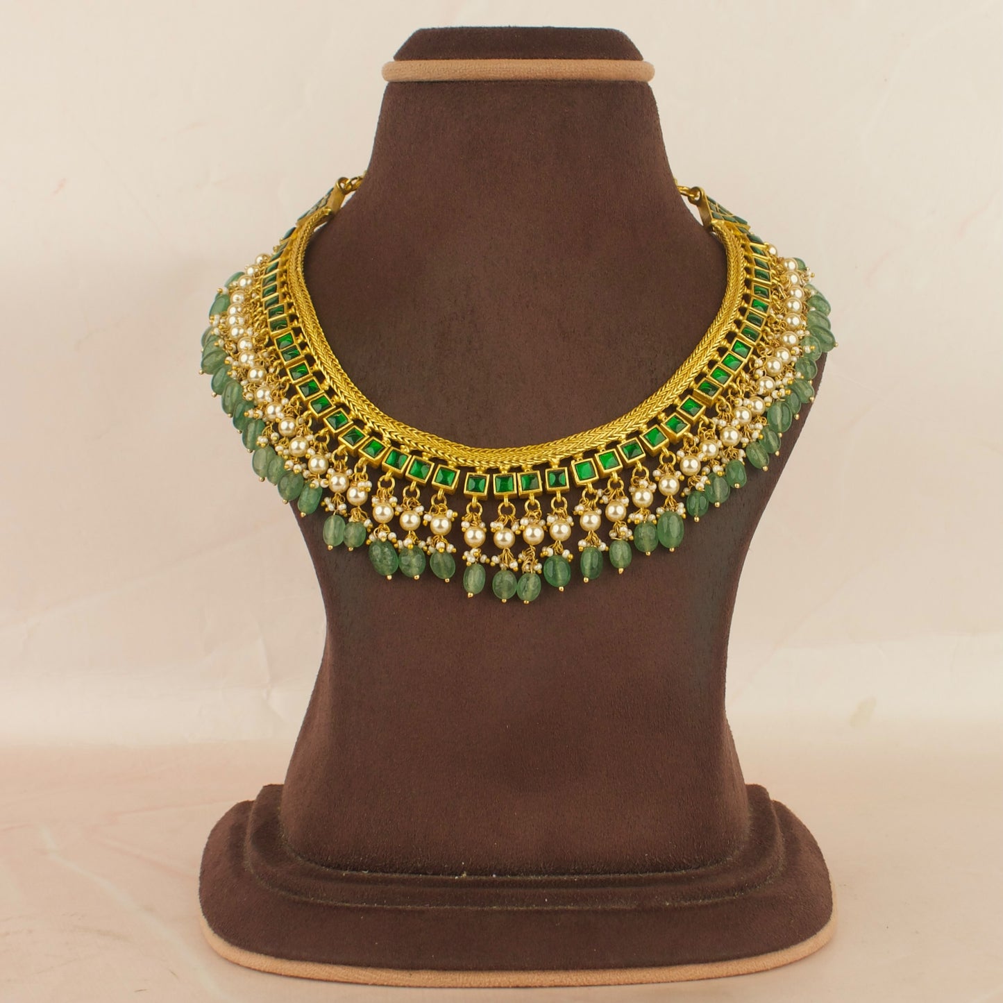 Reversible Opulent Design Jadau Kundan Necklace with Green Beads Hanging