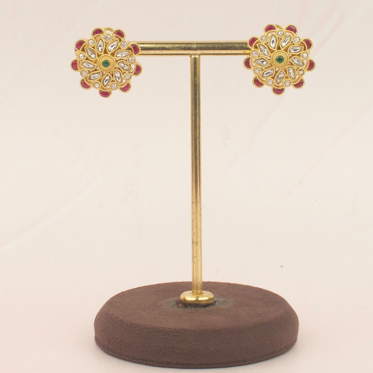 Ruby-Accented Jadau Kundan Floral Stud Earrings