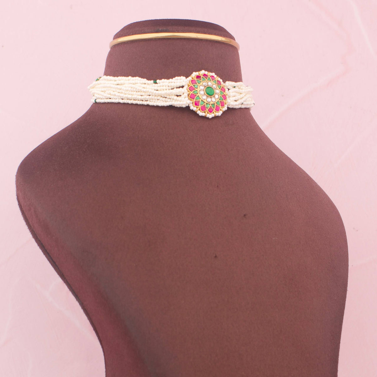 Jadau Kundan Pearl Choker With Floral Design at Center