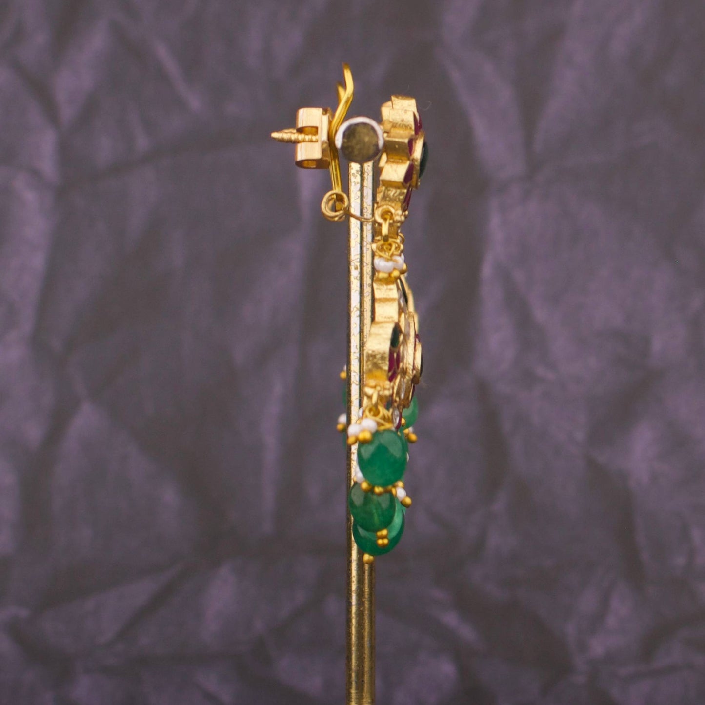 Phool Studded Jadau Kundan Chandbali Earrings With Emerald Bead Drops