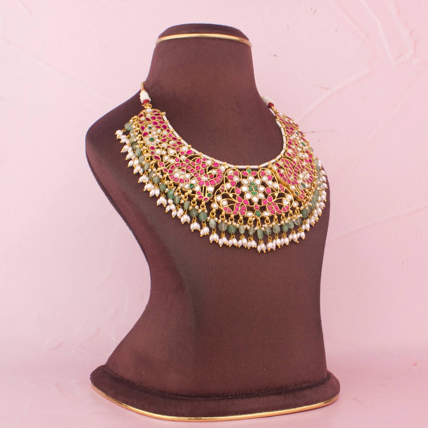 Bridal Short Jadau Kundan Necklace With Green Beads And Pearl Hangings - Alternate View 1
