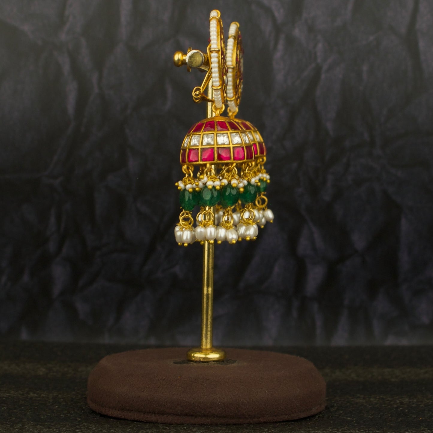 Bridal Peacock Studded Jadau Kundan Jhumki with Beads Hanging