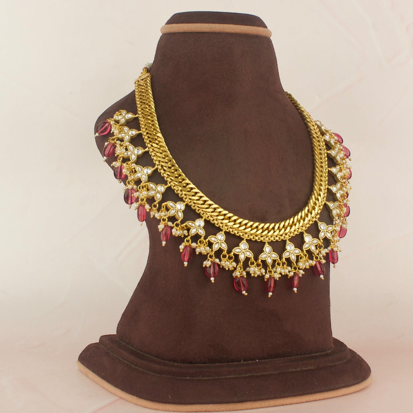 Gold Style Jalebi Necklace With Ruby Bead Hangings