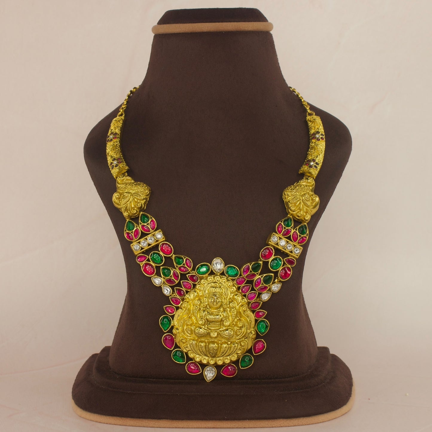 Majestic Jadau Kundan Kanti Necklace with Goddess Lakshmi Motif - DULHAN JEWELS