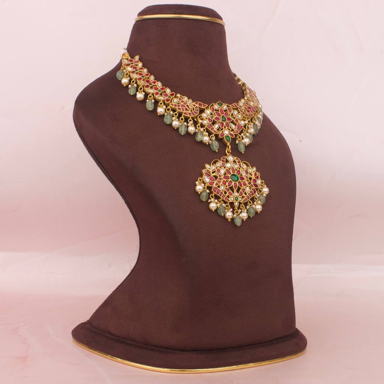 Multi Coloured Jadau Kundan Necklace With Pearl & Beads Hangings
