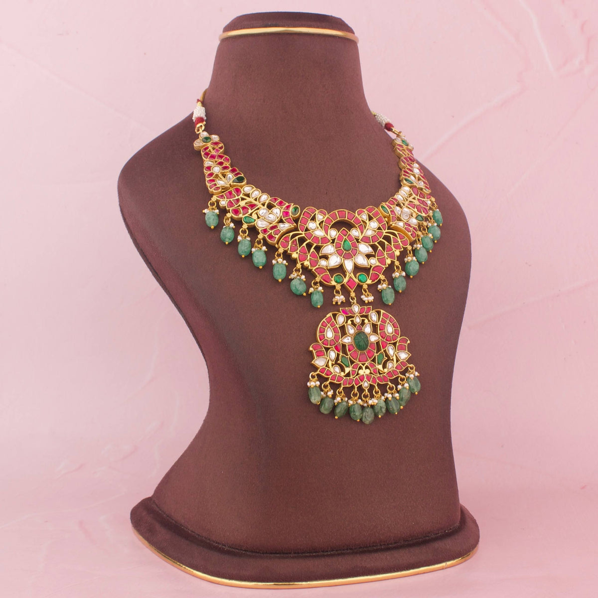 Floral Design Jadau Kundan Necklace Set With Green Beads